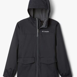 Black Columbia Rain-Zilla Jacket with hood, gray fleece lining.Youth XL 18/20